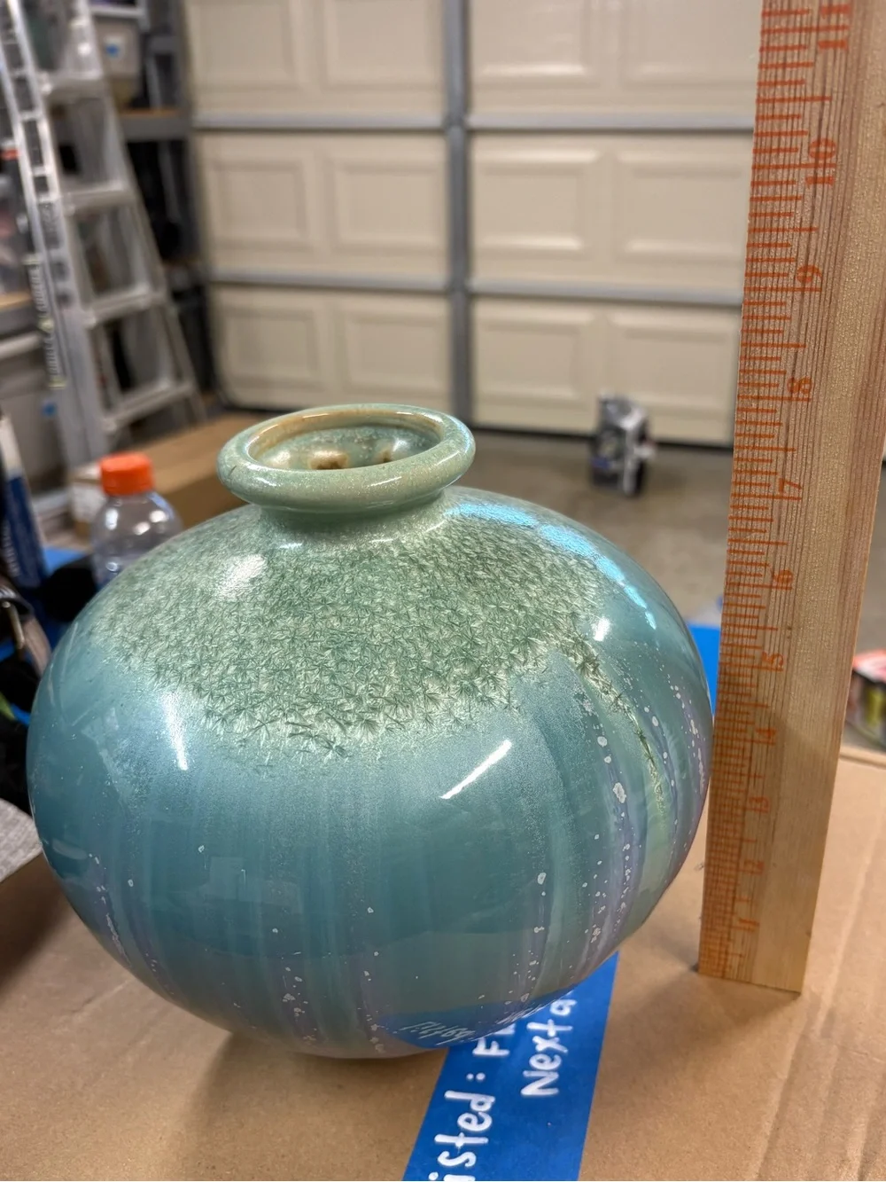 Unique Teal Light Purple Green Drip Crackle Crystalline Glaze Bulb Vase ~8”